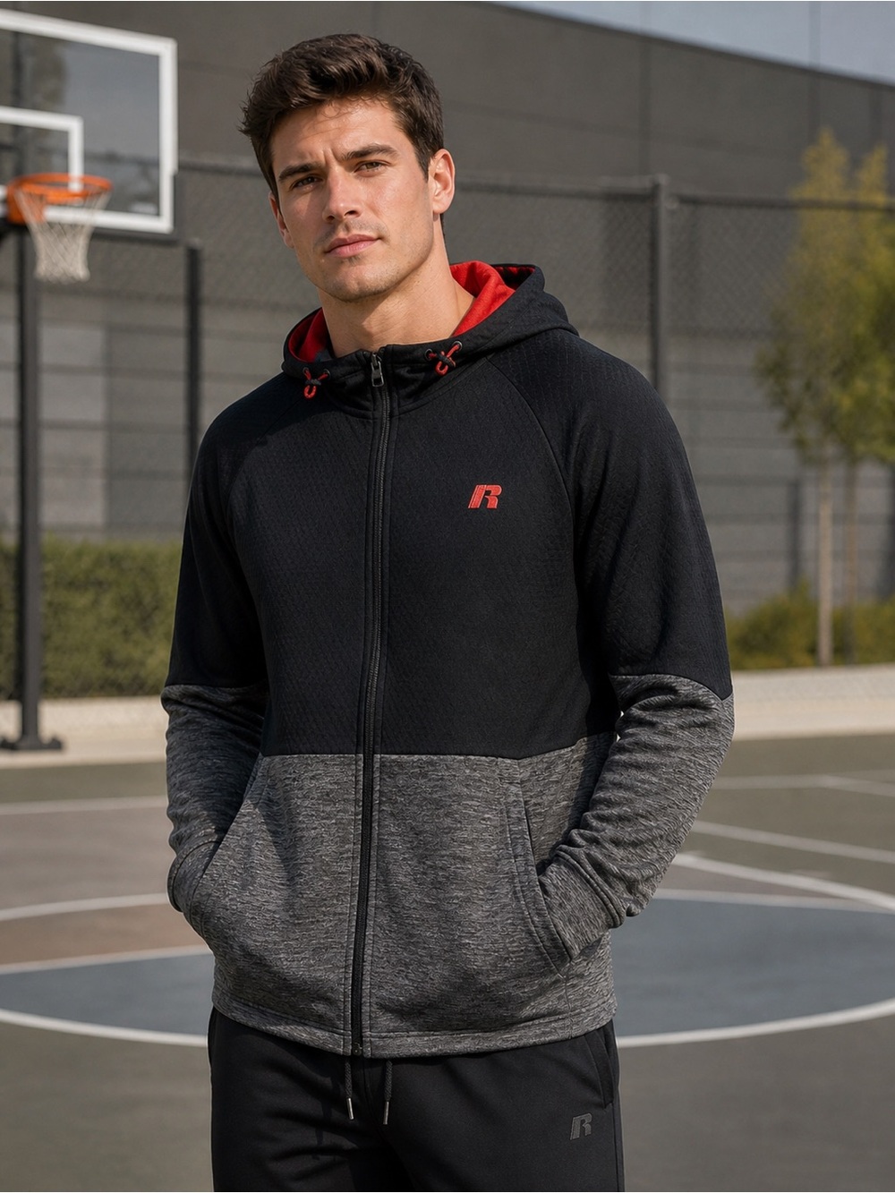 Russell Athletic - Black Gray Red - Tech Fleece Full Zip Hoodie - S